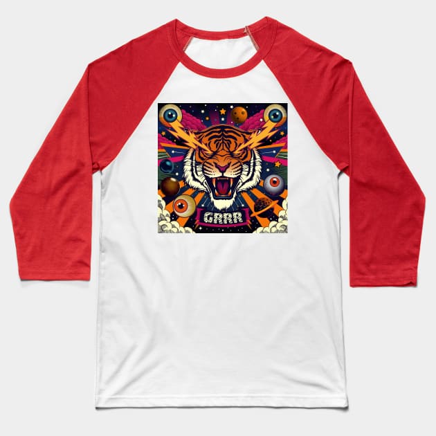 Cosmic Roar: Tiger Thunder Baseball T-Shirt by SunGraphicsLab